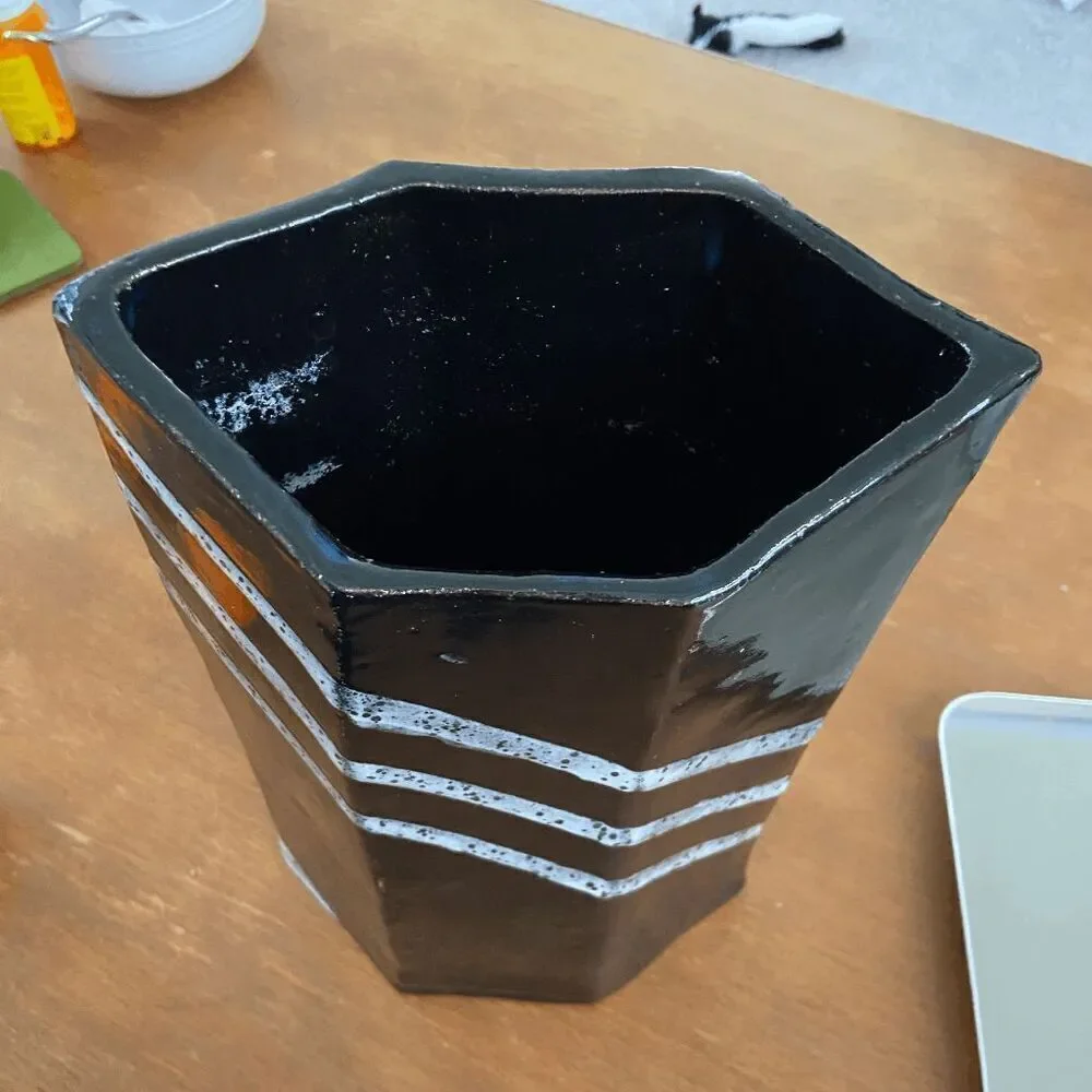 Handcrafted Hexagon Ceramic Vase - Black with White Stripes, Modern Abstract